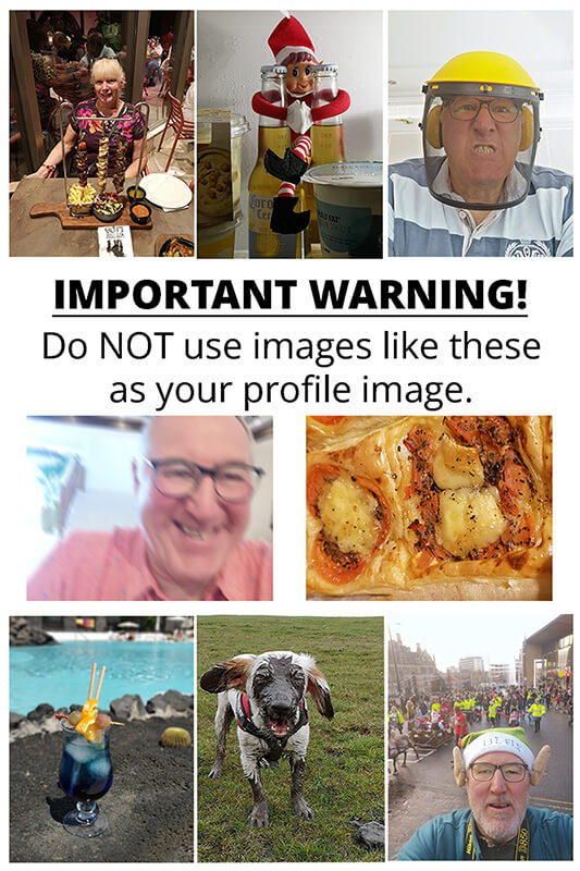 Montage of bad headshots advising people not to use images like this as profile pictures.